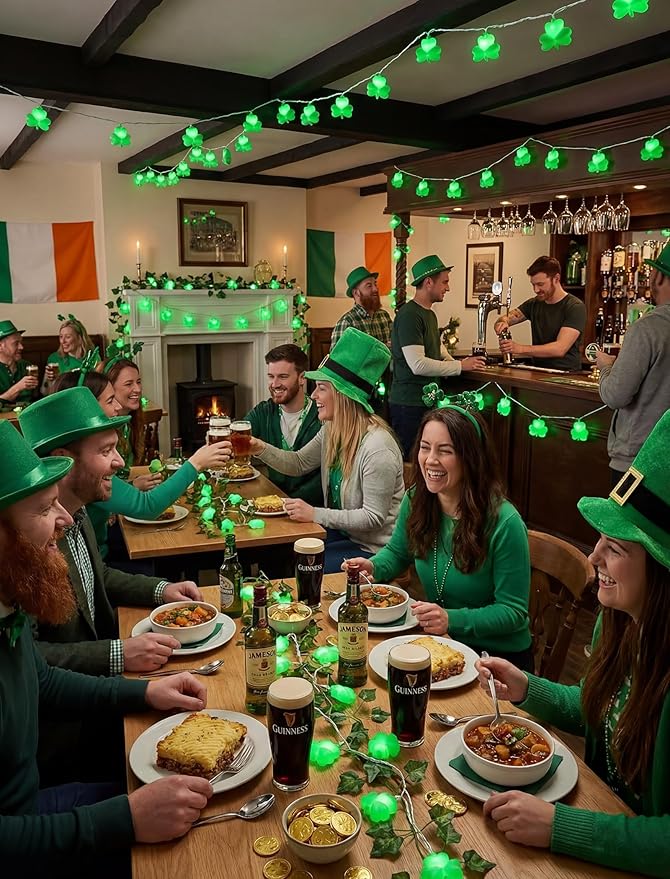Outdoor Shamrock String Lights, 8.5Ft Saint Patricks Day Decorations with 10 Clover Lights, Plug in Shamrocks Green Lights for Party Bar Home Garden Decor,White Wire
