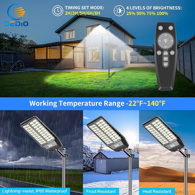CEDIO Outdoor Solar Street Lights, Solar Lights IP66 Waterproof LED Street Light Dusk to Dawn, Flood Light with Motion Sensor for Yard (9800W-2PACK)