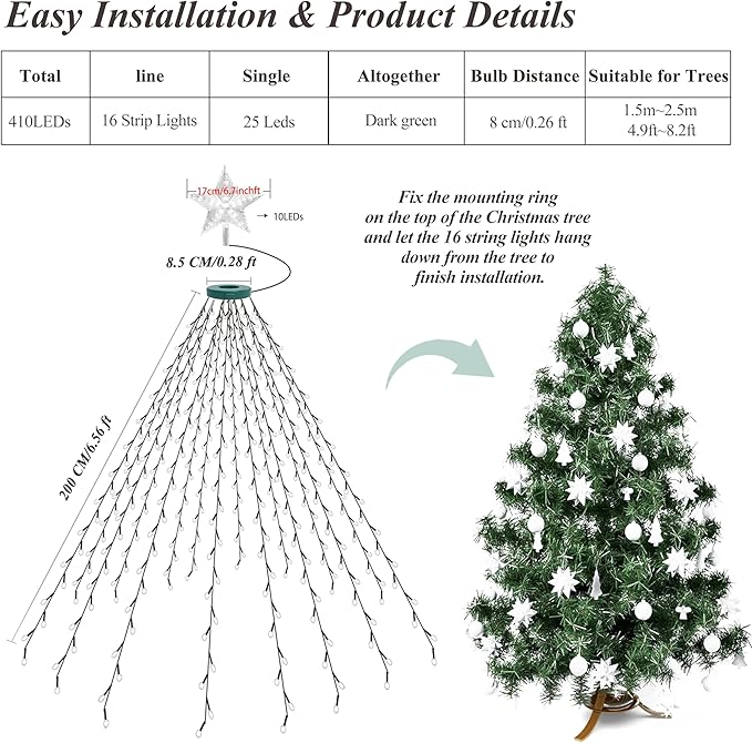 Aneeway Tree Lights with Star Toppers, 410 LED Lights with 8 Modes & Memory Function, 6.6FT x 16 String Lights, Remote Control & Timing for Christmas Ornaments - Cold White