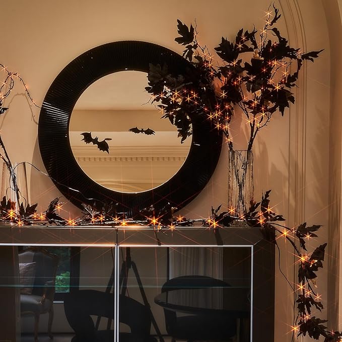 Hairui Lighted Black Maple Garland with Timer 48 LED Orange and Warm White Fairy Lights, Halloween Garland with Lights 6FT Battery Operated with 10 Functions for Fireplace Table Halloween Decoration