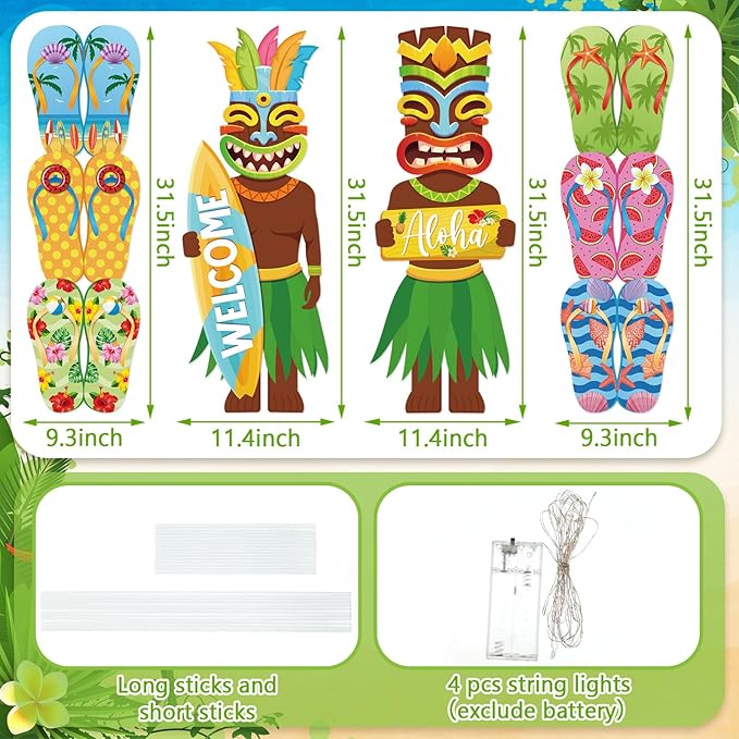 Bencailor 4 Pcs Hawaiian Luau Decoration Outdoor Totem Yard Signs with Stakes LED Large Aloha Tropical Themed Party Supplies Bar Decor for Outdoor Lawn Garden Beach Sand(Hawaiian)