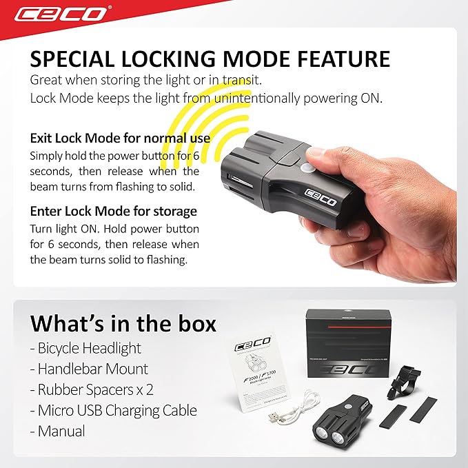 CECO USA 2000 Lumen USB Rechargeable Bike Light – Tough & Durable IP67 Waterproof & FL1 Impact Resistant– Super Bright F2000 Bicycle Headlight – for Commuters, Road Cyclists & Mountain Bikers