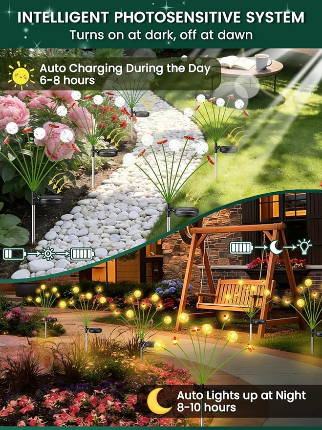 Solar Garden Lights Outdoor (10 Pack 80 LED), Solar Swaying Dandelion Bee Lights Waterproof, Cute Flower Pathway Lights for Yard Lawn Patio Decorations, 2 modes (Steady on, Slow Twinkle), Warm White