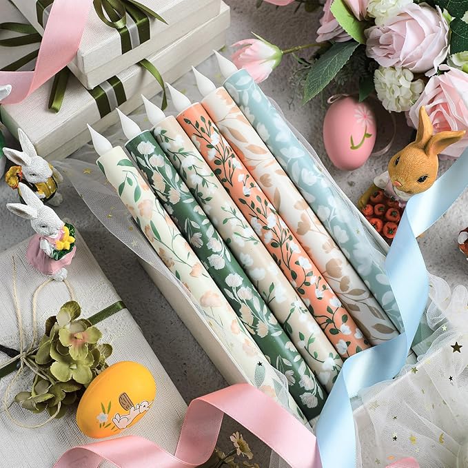Honoson 6 Pcs Easter Flameless Taper Candles 10.6 Inch Spring Flower Candles Battery Operated LED Candlesticks for Easter Dinner Table Home Party Decor