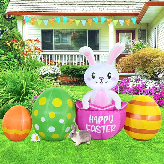 7FT Long Easter Inflatable Bunny Outdoor Decorations with Eggs, Build-in LED Lights Holiday Blow Up Yard Decoration, for Easter Holiday Party, Outdoor,Garden, Yard Lawn Décor