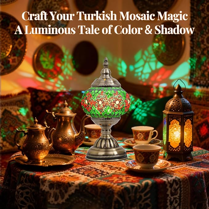 DIY Turkish Mosaic Lamp Kit, Stained Glass Table Lamp Making Kit- Easy and Fun, No Experience Needed, Mosaic Art & Craft Project Kits for Adults & Teens, Make Your Own Table Lamp, Green