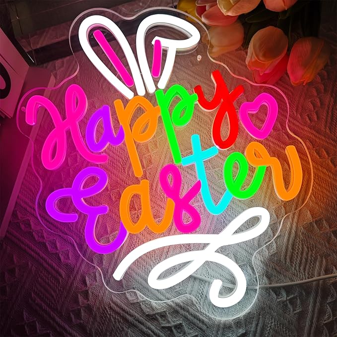 Happy Easter Neon Sign Easter Neon Bunny Neon Led Light Wall Decoration Party Home Room Decoration Gift for Children