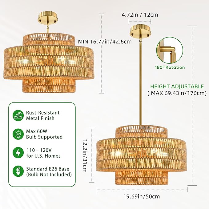 4 Light Pendant Lighting, Farmhouse Hanging Light Fixture for Kitchen Island & Dining Room, Industrial Vintage Ceiling Lamp with E26 Base, Adjustable Height, 20” Large Boho Rattan Chandelier