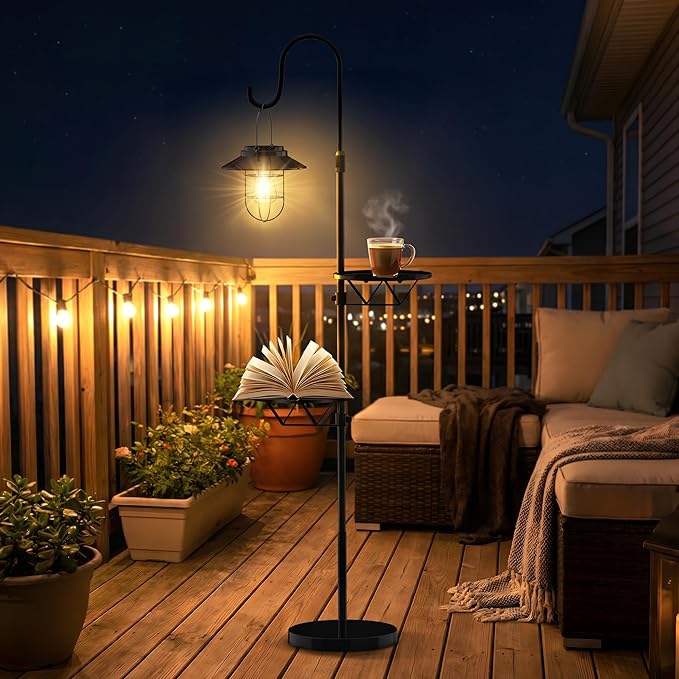 61" Solar Lights Outdoor with Plant Stands - Metal Shepherd Hook with Hanging Solar Lantern, Waterproof Solar Floor Lamp Garden Lights for Patio Deck Yard Porch Backyard & Indoor Decor