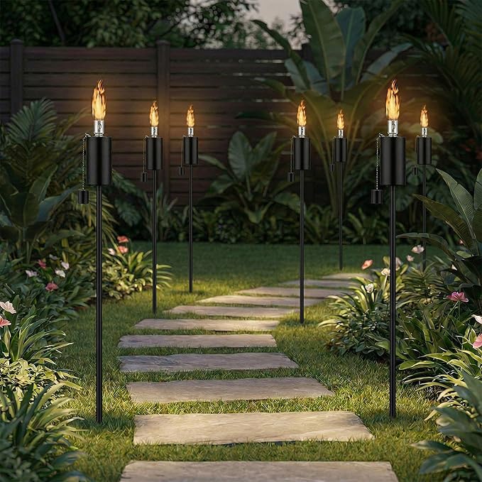 FAB BASED 55 Inch Outdoor Oil Torch Lamp–Set of 6 Rustproof Stainless Steel Citronella Torches, 11.16 oz, Includes Funnel & Fiberglass Wicks for Patio Garden Backyard (Black)