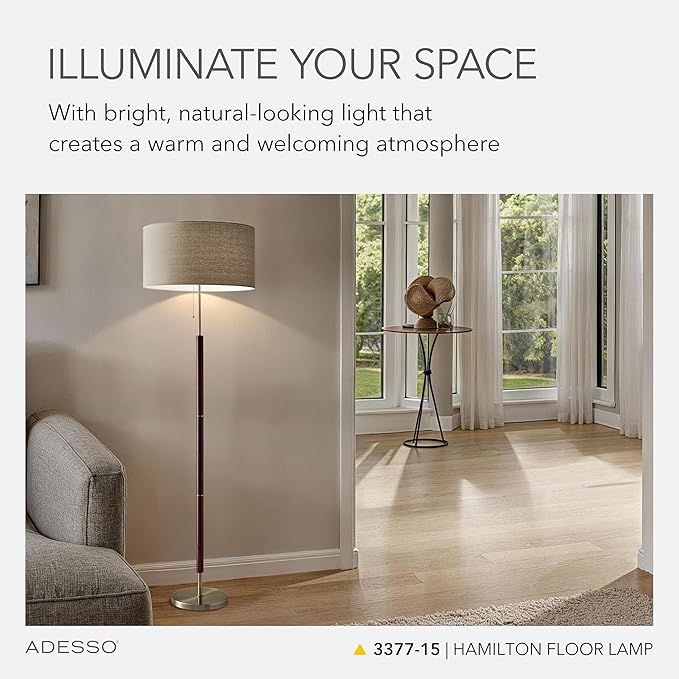 Adesso Floor Lamp with Natural Oak Veneer and Off-White Fabric Lampshade – 3-Way Adjustable Brightness, Lamp for Bedroom, Living Room, and House Décor, 60.25” x 21”