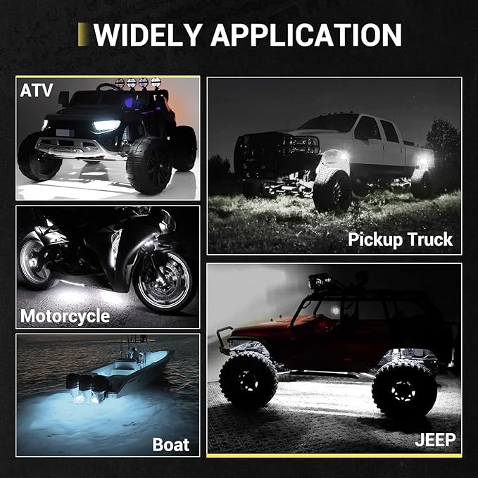 4 Pods White Rock Lights 6000K Pure White 36 LEDs SMD Chips Super Bright Neon Underglow Light IP68 Waterproof for Pickup Trucks SUV UTV ATV RZR Car Boats (White)