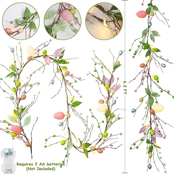 ATDAWN 6 FT Easter Egg Christmas Garland, Battery Operated Christmas Garland with Lights, Eggs Christmas Garland for Easter Holiday Spring Home Christmas Decoration