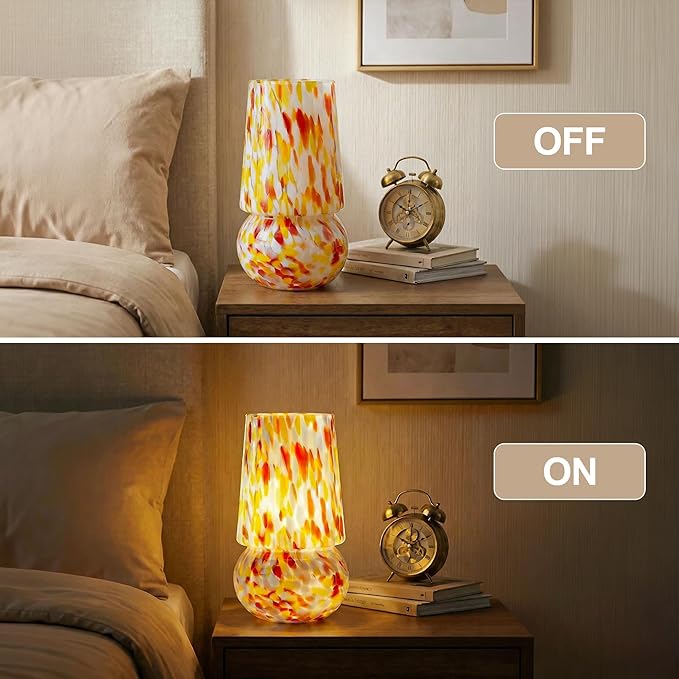 9.8 Inch Mushroom Table Lamp, UL Listed Dimmable Small Desk & Bedside Lamp with Woven Beige Cord, Handcrafted Pattern, Murano Home Decor for Bedroom, Living Room, Entryway (Pastel Confetti)