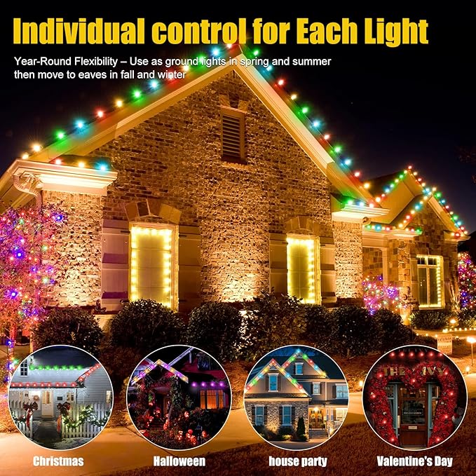 200 FT Permanent Outdoor Lights, Waterproof 2-in-1 Eaves & Ground Stakes LED String Lights with App/Remote Control for House, Garden– Smart Color-Changing Lighting for Halloween Christmas Decorations