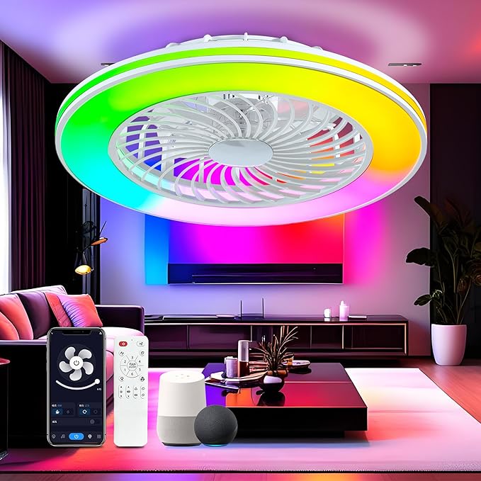 24'' Low Profile Bladeless Ceiling Fans with Lights, Remote/APP/Alexa Smart Control, RGBW Dimmable, Flush Mount Ceiling Fan with 6-Speed Reversible for Bedroom Living Room Kid's Room