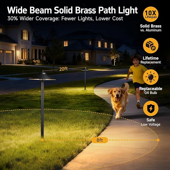 Gardenreet Brass Low Voltage Landscape Lighting - 12V LED Path Light IP65 Waterproof, Pathway Outside Lights for Yard Walkway Garden with 3W 5000K Daylight G4 Replaceable Bulb (12 Pack)