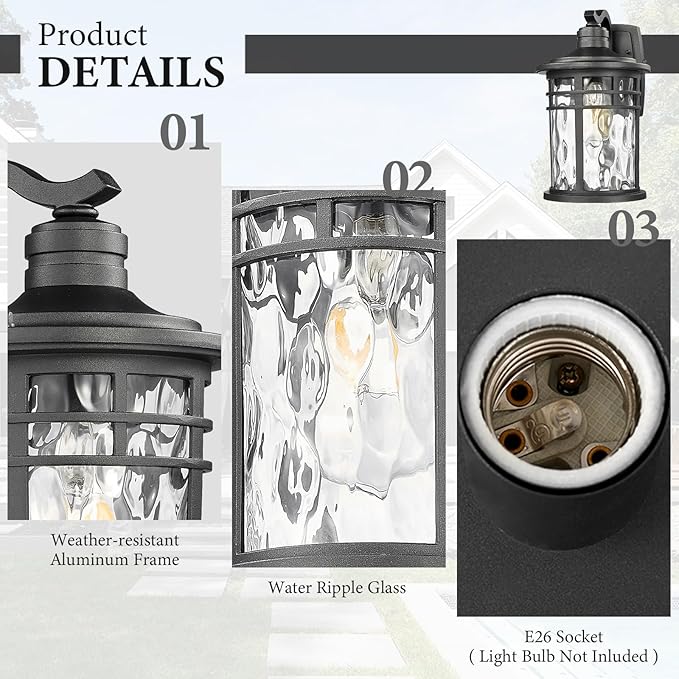 Darkaway Large Outdoor Porch Lights Wall Mount, 15inch Outside Light Fixtures Sconces Wall Lighting with Water Ripple Glass Waterproof Exterior Lights for Patio Yard House Hallway Doorway Garage