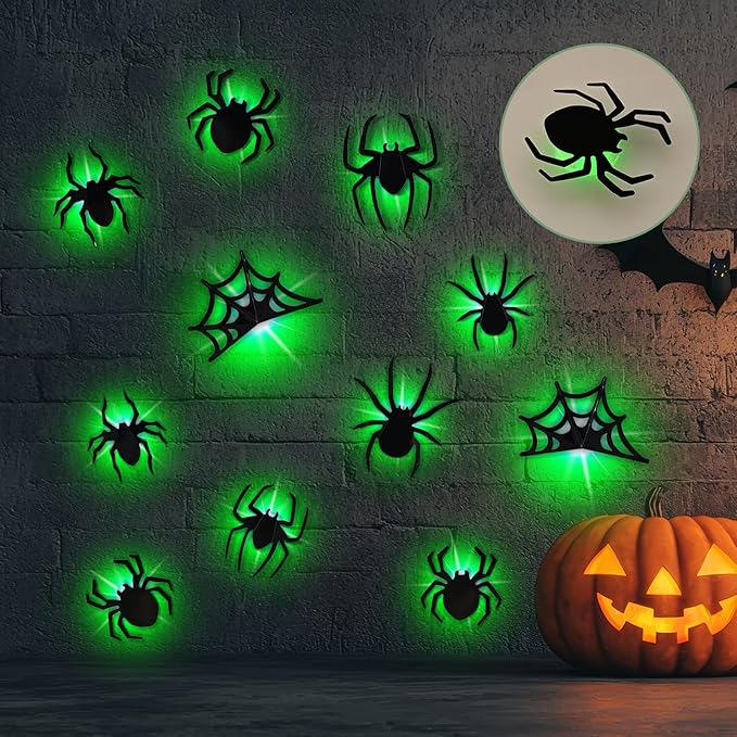 36 Pcs Halloween Bat Wall Decor with LED Lights, 3D Glowing Bat Stickers, Wall Decorations Indoor/Outdoor, LED Halloween Lights Stickers (36 Pcs Spider)