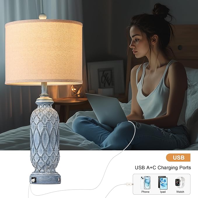28" Living Room Lamps Set of 2, Farmhouse Lamps for Bedroom with USB A+C Charging Ports, Touch Lamps for Nightstand, 2 Bulbs Included