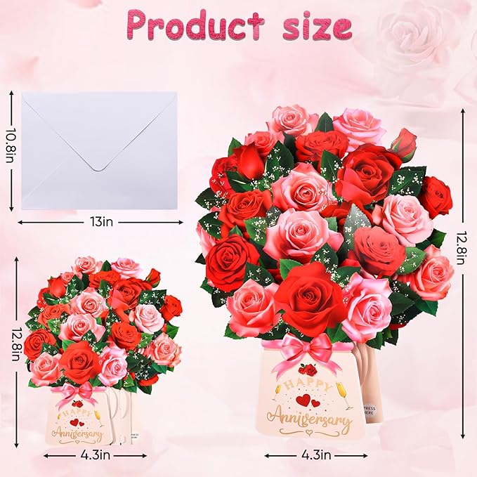 Pop Up Anniversary Card with Lights & Music, 12 Inch Paper Rose Bouquet Greeting Cards with Note Card & Envelop, Happy Anniversary Cards for Women, Popup Wedding Anniversary Card Gifts for Wife