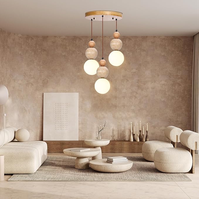 Wabi Sabi Pendant Light,3-Light Travertine Stone Fixture-Japandi Japanese Style Lamp,Nordic Wood Chandelier,Spherical Scandinavian Pendant Light Suits Kitchen Islands,Dining & Living Rooms(Log Color)