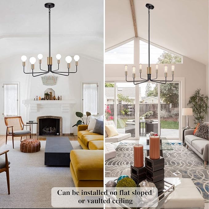 ETONIMERR Black Gold Chandelier Light Fixture 6-Light, Modern Chandelier for Dining Room Light Fixture Industrial Pendant Light for Kitchen Island Living Room Bedroom Foyer