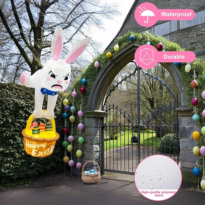 8FT Easter Inflatables Outdoor Decorations Climbing Inflatable Bunny Decor, Inflatable Bunny Basket with Eggs Decor, Easter Blow Ups for Outside Roof Yard Shop Lawn Fence