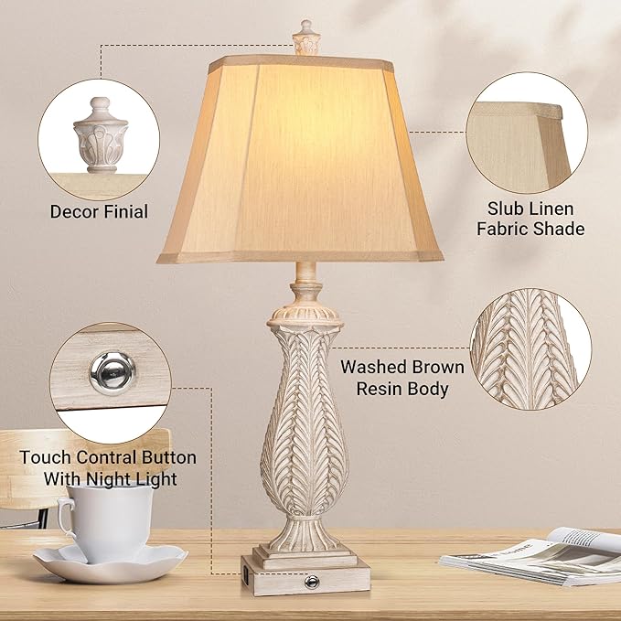 3-Way Dimmable Table Lamps for Bedrooms Set of 2, Light Wood Mermaid Bedside Lamp for Nightstand, 30" H Touch Lamps for Living Room with USB & Type-C Ports, Resin Farmhouse Rustic Lamp with 2 Bulb