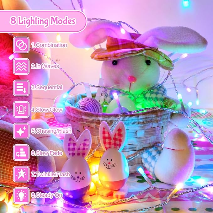 Easter String Lights, Pastel Easter Lights Plug in with Timer 8 Lighting Modes 32ft 100LED Transparent Wire Fairy Lights for Easter Decorations Garland Outdoor Indoor Party