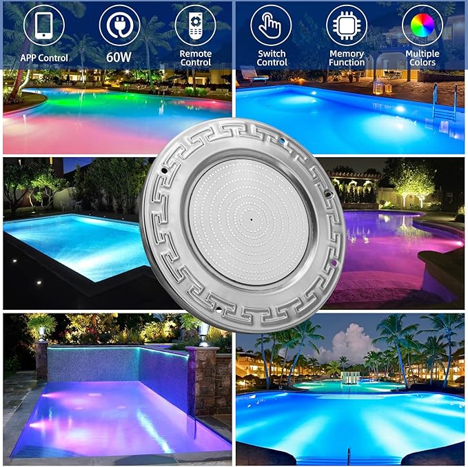 Pool Lights for Inground Pool, 60W 10 Inch LED Inground Pool Light with Controller, Remote and APP Control for Wet Niche, Color Changing Underwater Swimming Pool Lights with 100 Foot Cord