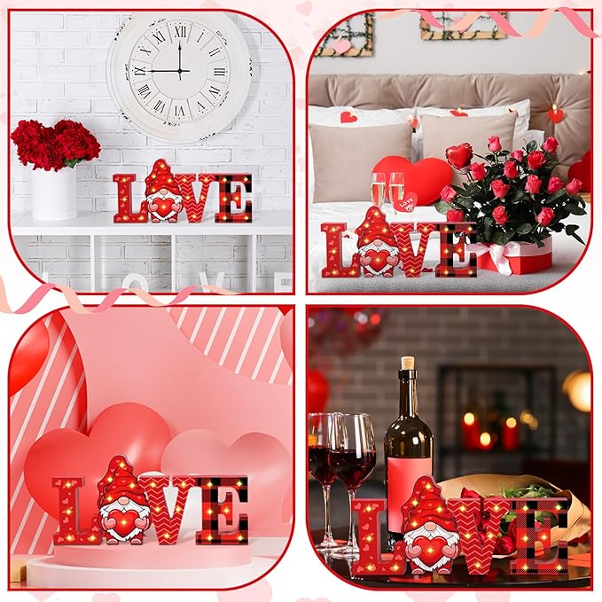 Menkxi Valentines Day LED Wooden Sign Valentine's Day Table Decorations Wooden Love Decor Valentine Tiered Tray Decor Light up Valentine Table Centerpiece Decor for Home Party Desk Office Room