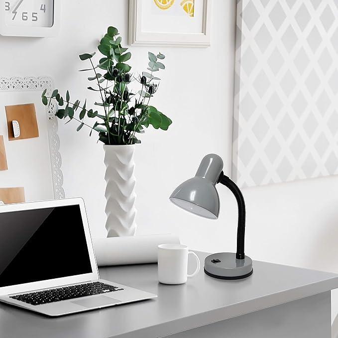 Simple Designs LD1003-GRY-12PK Basic Metal Desk Lamp 12 Pack Set with Flexible Hose Neck for Office, Bedroom, College Dorm, Bookshelf, Gray, 12 Pack
