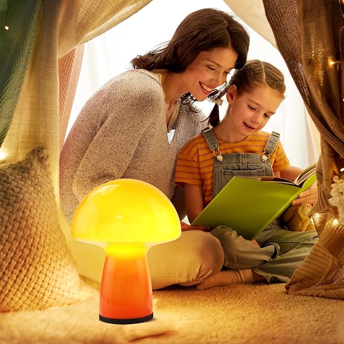 Mushroom lamp,Dimmable Glass Table Lamp,Vintage Style Table Lamp,Red Bedside Desk lamp,Cute Table Lamps.（3-Color Bulbs Included）