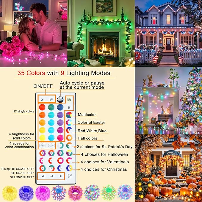 Pooqla Color Changing Christmas String Lights with Remote, 35 Colors 66FT 200LED String Lights Outdoor Decoration, Indoor Connectable Fairy Lights Plug in for St. Patrick's Day Easter Decoration