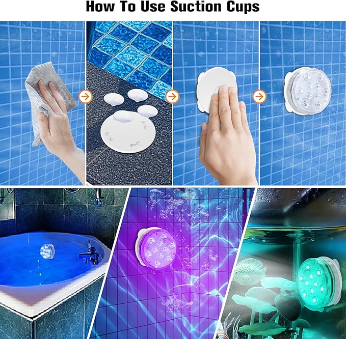 Pool Lights, Rechargeable Submersible LED Light with Strong Magnet Base, Suction Cups & Adhesive, RF Remote Aquarium Lights, Waterproof RGB Color Changing Underwater Lamp with Timing,1Pack