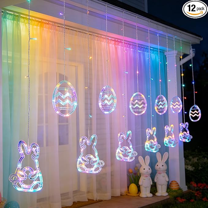Dazzle Bright Easter Lights, 222LED 9FT Pastel Rabbit and Eggs Curtain String Lights with 8 Modes, Plug in Easter Decorations for Indoor Window Outdoor Party Decor (Pastel)