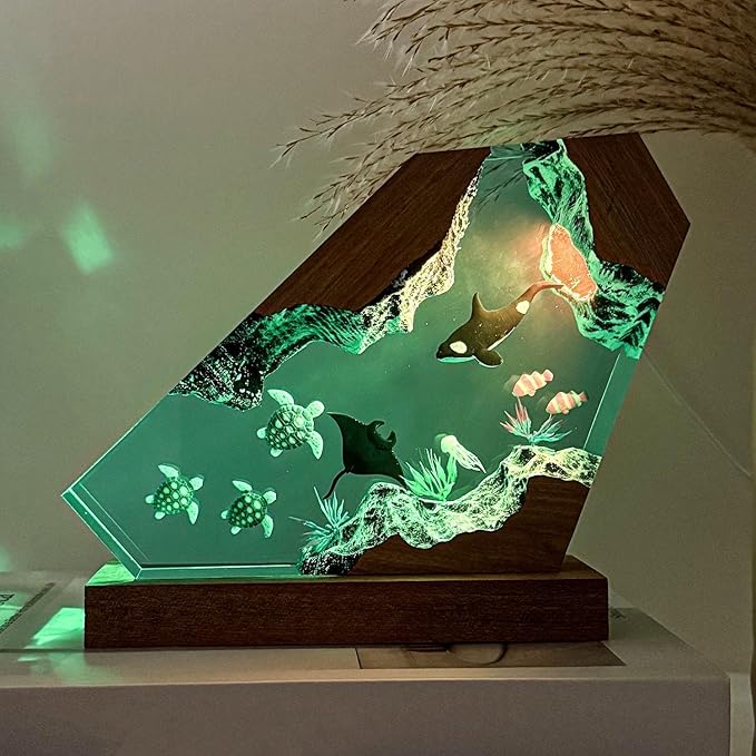 Orca Ocean Resin Lamp, Handmade Wooden Table Resin Night Light, USB Port Art Ornaments for Home Office Decor, Scuba Diver Gifts for Birthday Holiday, Unique Thanksgiving Day and Christmas Gifts