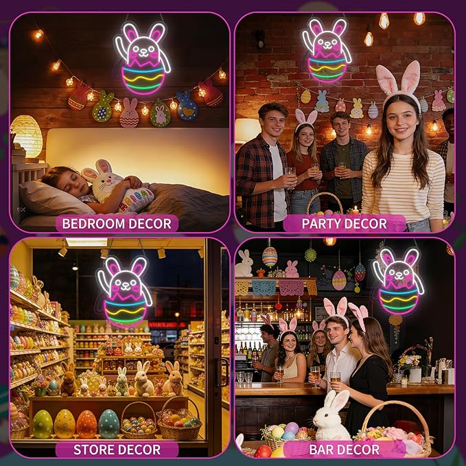 Easter Neon Sign for Wall Decor with Sticker, Waving Bunny Neon Lights, Dimmable LED Easter Rabbit Egg Window Decoration, Light Up Lamp Gift for Bedroom, Bar, Gameroom Decor, Wedding Birthday Party