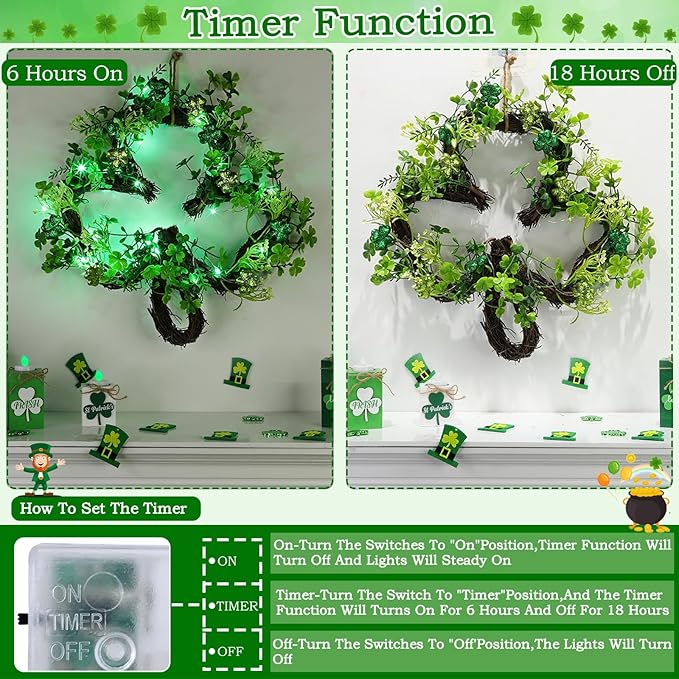 St Patricks Day Decorations St Patricks Day Wreaths for Front Door, Shamrock Wreath with 20 Green Lights Timer Clover Flower 18 Inch Artificial Spring Wreath St Patricks Day Decor for Home Wall Window