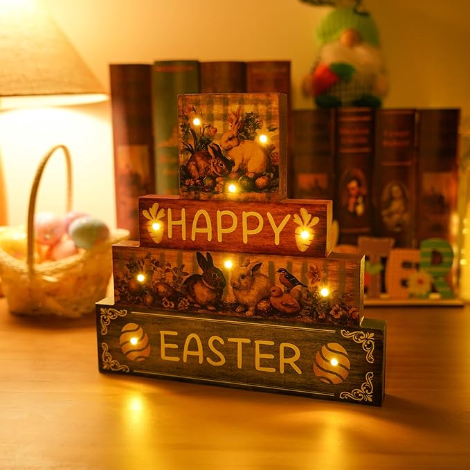 Vintage Easter Decorations Indoor - Led Bunny Retro Decor Light up Happy Easter Wooden Sign for Table Religious Home Office Indoor Decor 9 × 9 Inch