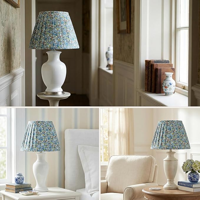 Small Floral Pleated Lamp Shades Set of 2, 5" Top x 9" Bottom x 6.2" High, Spider Fitter, Assembly-Free, Blue Empire Lampshades for Table Lamps – Perfect for Cottage, Farmhouse & Country Decor