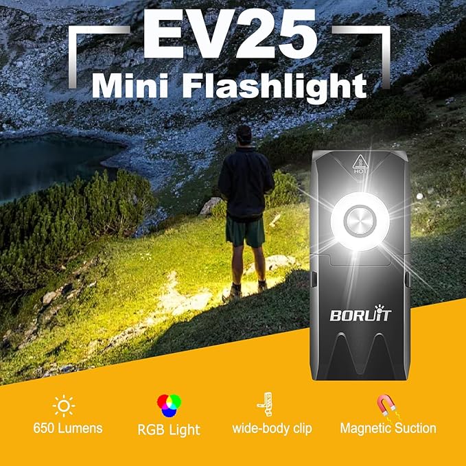 BORUIT EV25 Mini Flashlight with Clip, Small Flashlights Powerful 650 Lumens Bright, USB C Rechargeable - EDC Keychain Flash Light with Magnetic, Red and Green Blue Lights for Home Camping Running