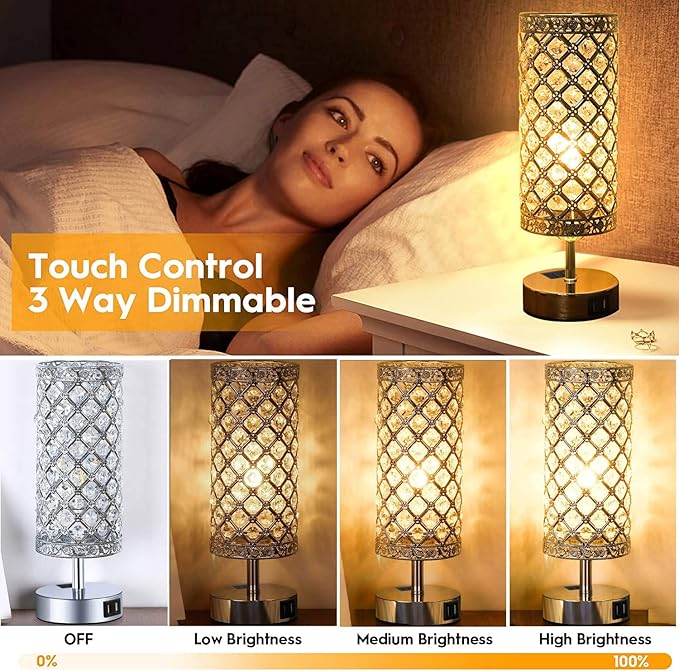 Silver Crystal Table Lamp, Bedside Nightstand Desk Lamp Touch Control Night Light Women Bedroom Decor Bling Lamps with 4 USB Ports & Bulb Included for Home, Office, Living Room