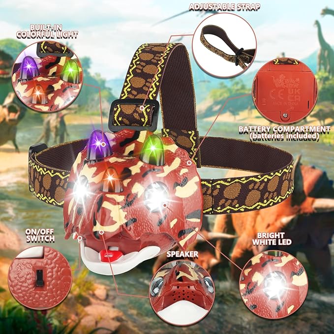 Triceratops LED Headlamp Dinosaur Headlamp for Kids Camping Gear Essentials Dinosaur Toy Headlights Flashlight for Boys Girls or Adults Ideal Gift for Birthday, Halloween, Christmas, New Year