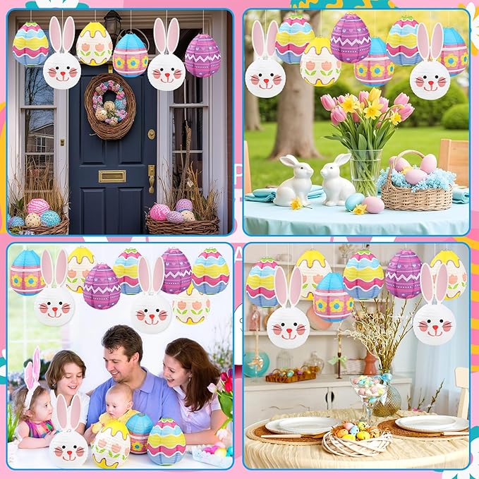 DECYOOL 12 Pieces Pastel Paper Lanterns, 8 Styles of Easter Egg Lanterns 4 Styles of Rabbit Lanterns Colorful Hanging Lantern Decor for Parties, Classroom Home Indoor Outdoor Celebrations