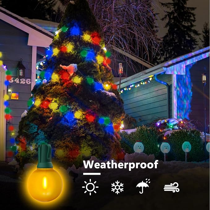 50Ft Outdoor Frosted Multicolor Lights, LED G40 Globe Patio String Lights with 25 0.6W Ceramic Colorful Bulbs(2 Spare), Outside Christmas Lights for Holiday Party Backyard Christmas