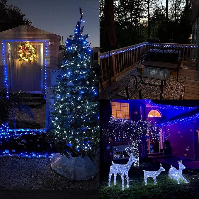QITONG Blue Solar Christmas Lights, 4 Pack Each 33ft 100 LED Fairy Lights Outdoor Waterproof, 8 Modes Silver Wire Twinkle Mini Lights