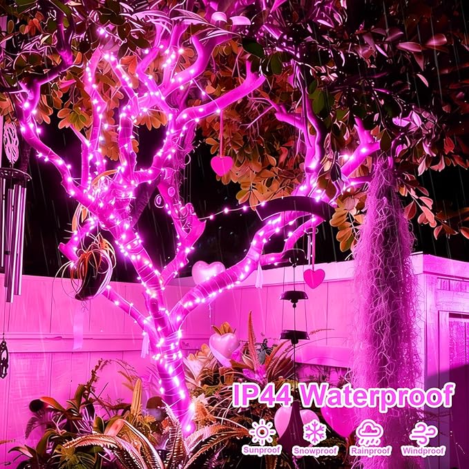 YEGUO 4 Pack Pink Solar Fairy Lights, Each 33ft 100 LED Christmas Lights Outdoor Waterproof, 8 Modes Sliver Wire Solar String Lights