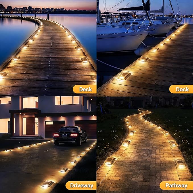 Solar Driveway Lights 6 Pack, Solar Powered IP68 Waterproof Dock Lights, 4 LED Driveway Markers Deck Light for Dock, Pathway, Walkway, Sidewalk, Garden, Yard, Stair, Marine Use (Warm)
